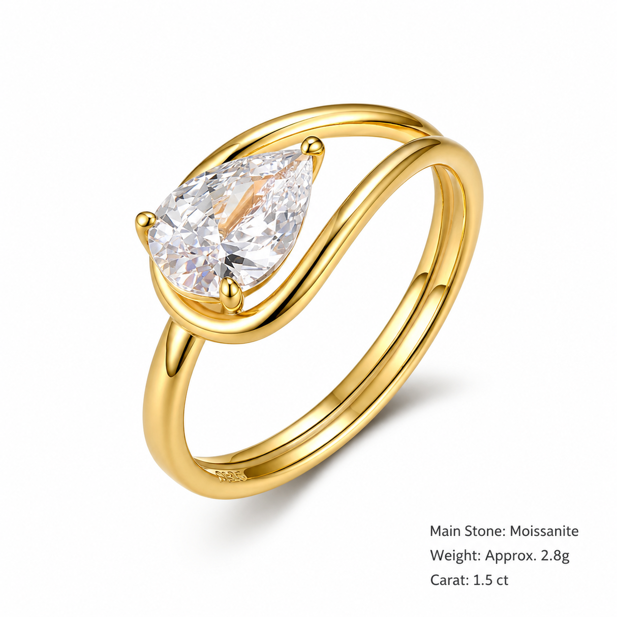 D Color Moissanite Pear Cut Bypass Wrap 925 Sterling Silver Ring