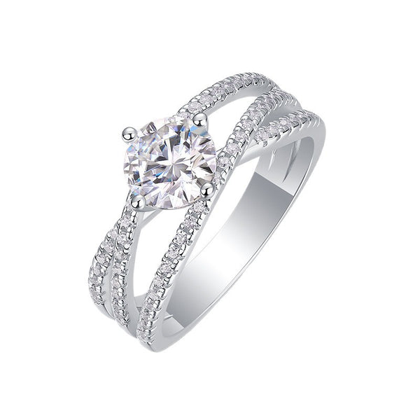 Round Brilliant Moissanite Split Shank Crossover Line Pave Band 925 Sterling Silver Ring for Women Fashion Elegant Proposal Wedding Anniversary Party Gift Jewelry