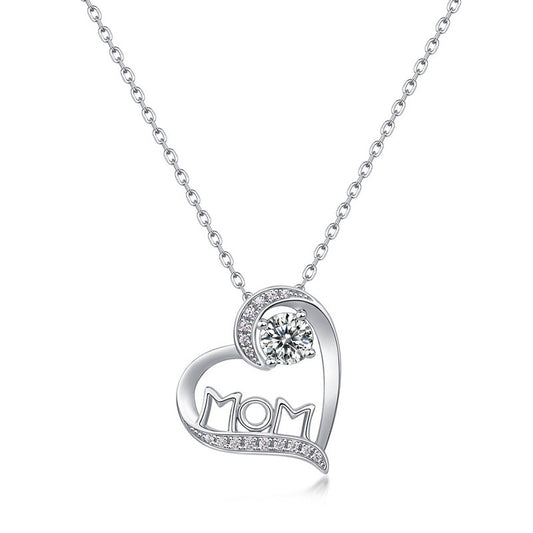 Moissanite Heart MOM Letter Pendant 925 Sterling Silver Necklace