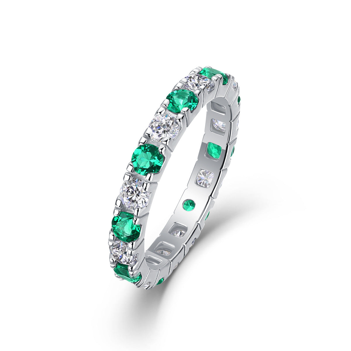 Round Alternating Moissanite Lab Grown Emerald Sapphire Ruby Full Eternity Band Ring Moissanite S925 Sterling Silver Elegant Fashion Women Wedding Anniversary Party Gift Jewelry