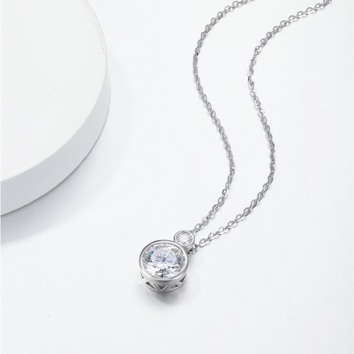 Double Round Bezel Set Moissanite 925 Sterling Silver Pendant Necklace