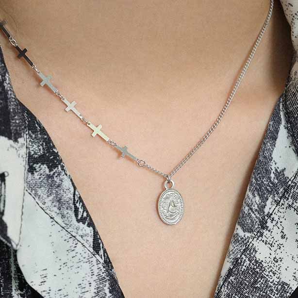 Oval Tag Cross Chain 925 Sterling Silver Necklace