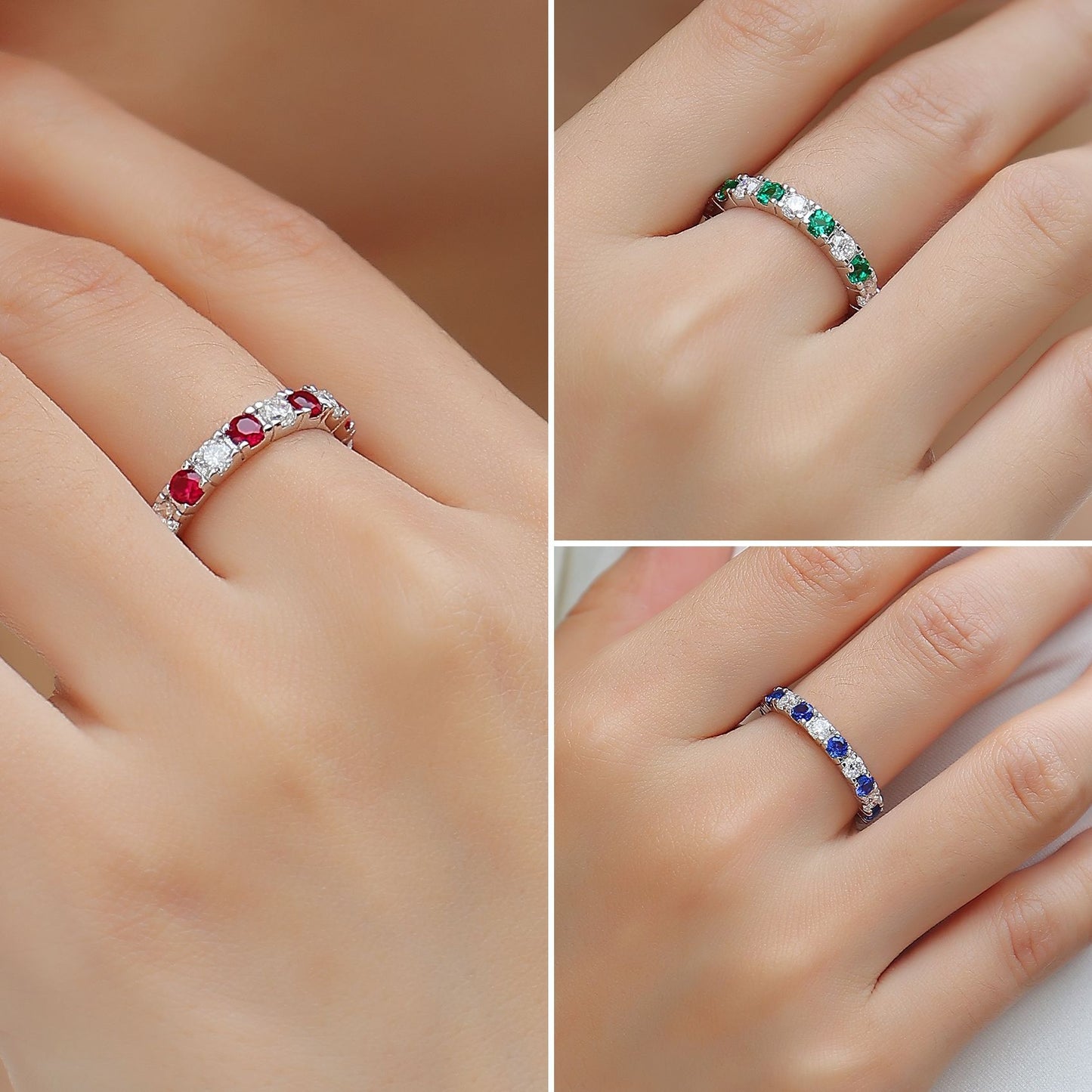 Round Alternating Moissanite Lab Grown Emerald Sapphire Ruby Full Eternity Band Ring Moissanite S925 Sterling Silver Elegant Fashion Women Wedding Anniversary Party Gift Jewelry