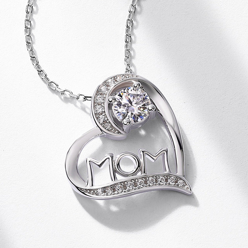 Moissanite Heart MOM Letter Pendant 925 Sterling Silver Necklace