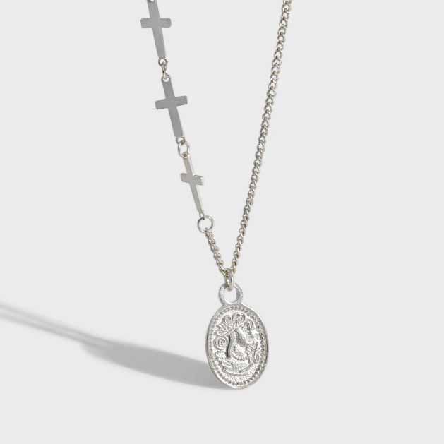 Oval Tag Cross Chain 925 Sterling Silver Necklace
