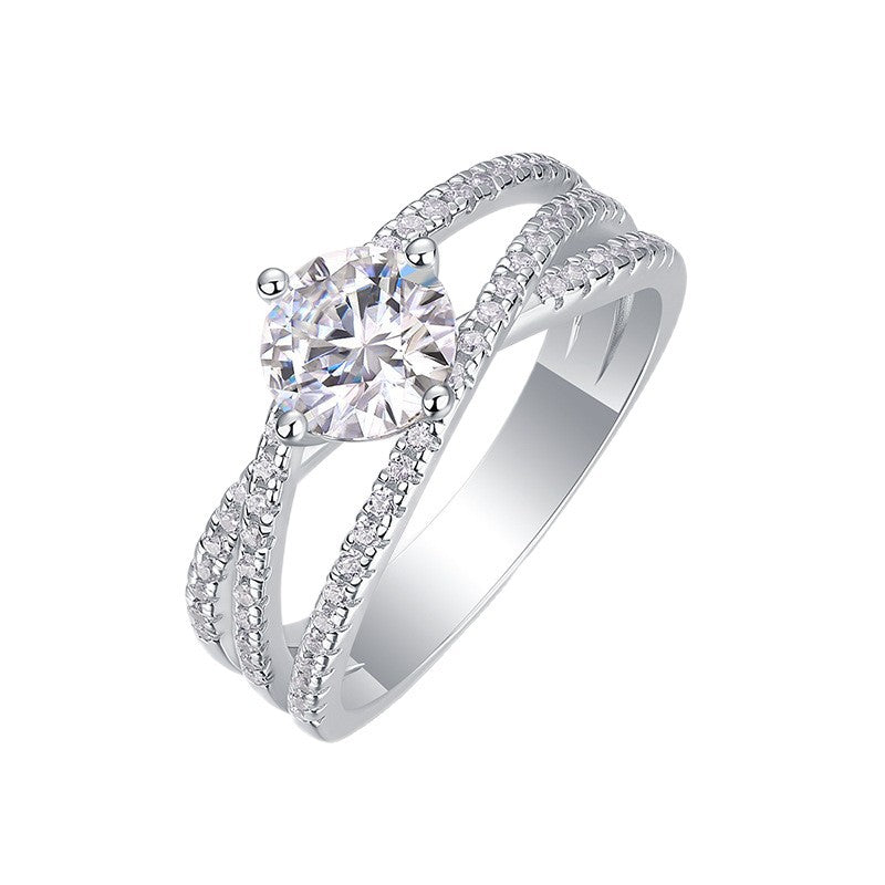 Round Brilliant Moissanite Split Shank Crossover Line Pave Band 925 Sterling Silver Ring for Women Fashion Elegant Proposal Wedding Anniversary Party Gift Jewelry