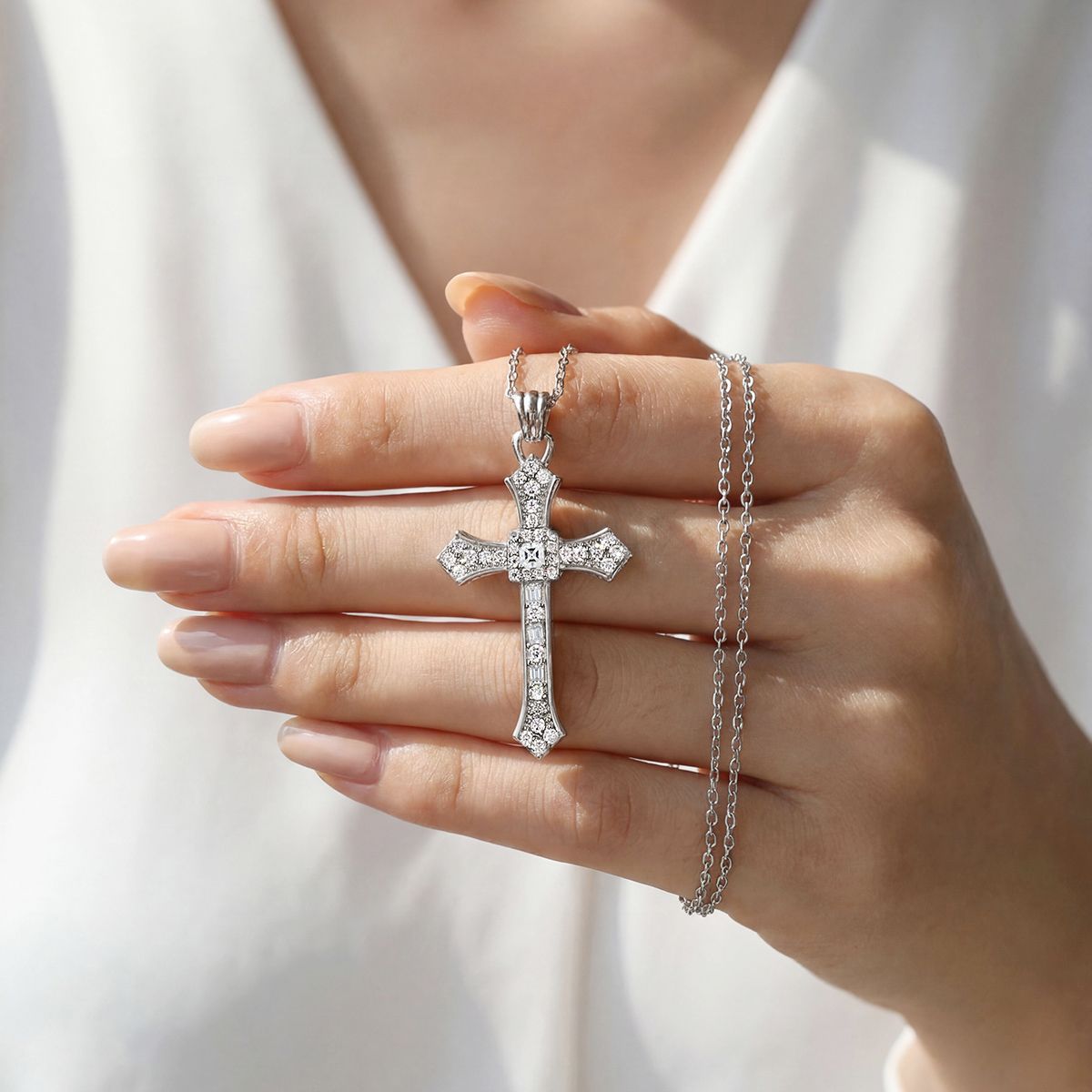 Vintage Cross Moissanite  925 Sterling Silver  Necklace