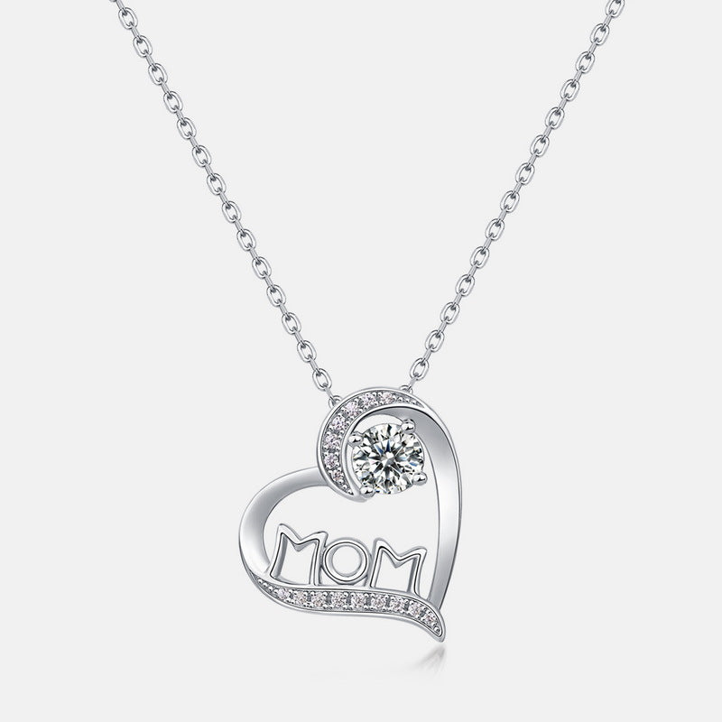 Moissanite Heart MOM Letter Pendant 925 Sterling Silver Necklace