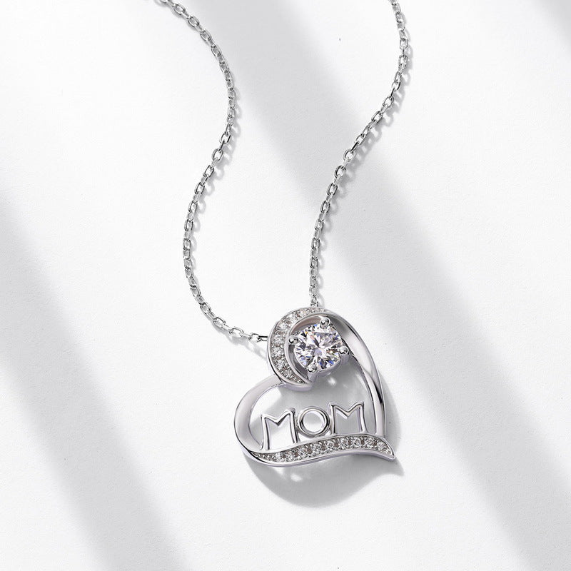 Moissanite Heart MOM Letter Pendant 925 Sterling Silver Necklace