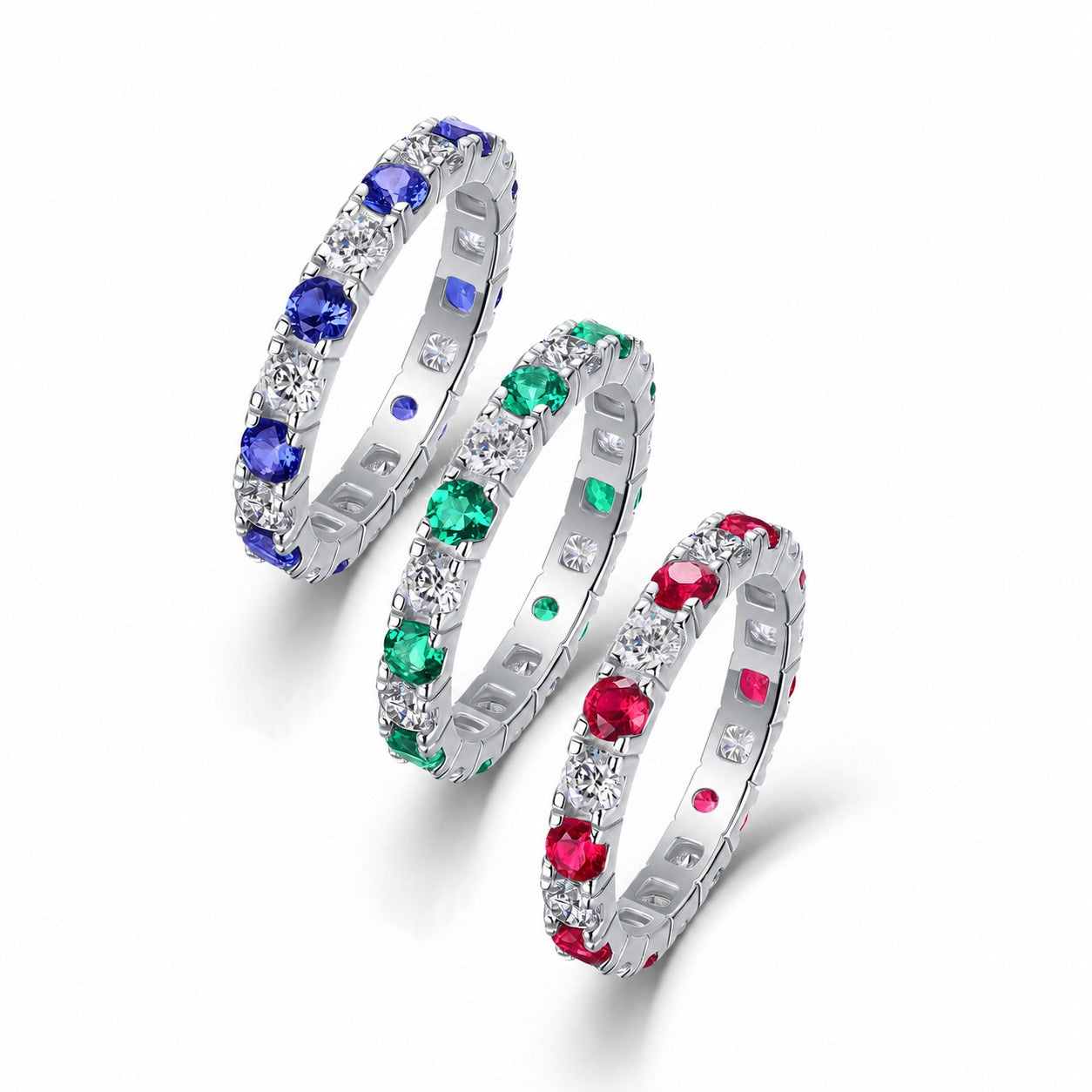 Round Alternating Moissanite Lab Grown Emerald Sapphire Ruby Full Eternity Band Ring Moissanite S925 Sterling Silver Elegant Fashion Women Wedding Anniversary Party Gift Jewelry