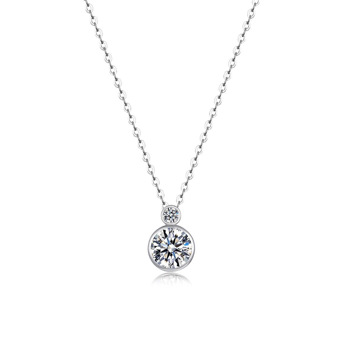 Double Round Bezel Set Moissanite 925 Sterling Silver Pendant Necklace