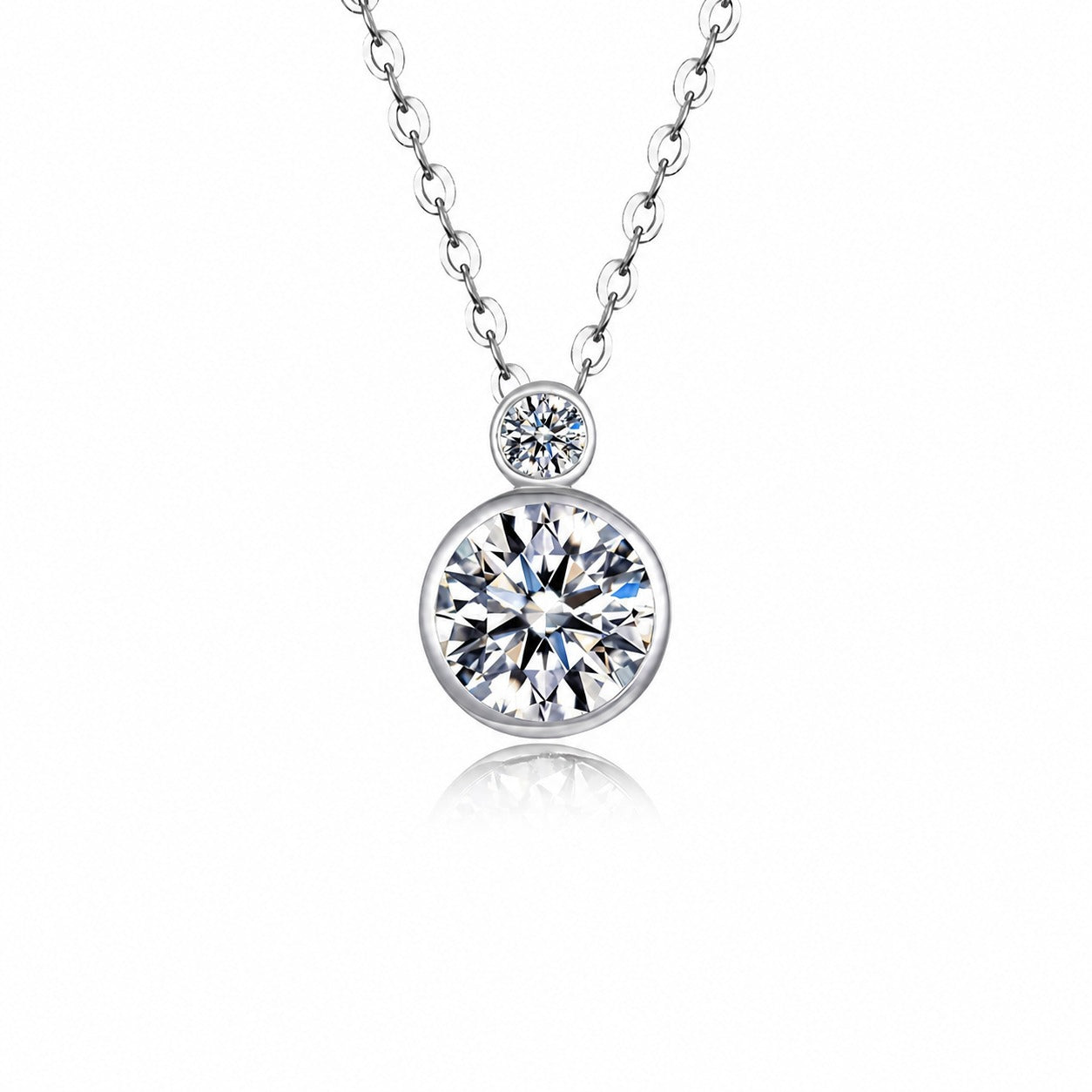 Double Round Bezel Set Moissanite 925 Sterling Silver Pendant Necklace